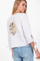Boohoo Anna Embroidered Back Tie Front Blouse White