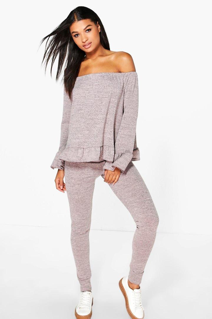 Boohoo Esme Bardot Ruffle Hem Knit Top And Legging Set Peach