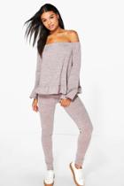 Boohoo Esme Bardot Ruffle Hem Knit Top And Legging Set Peach