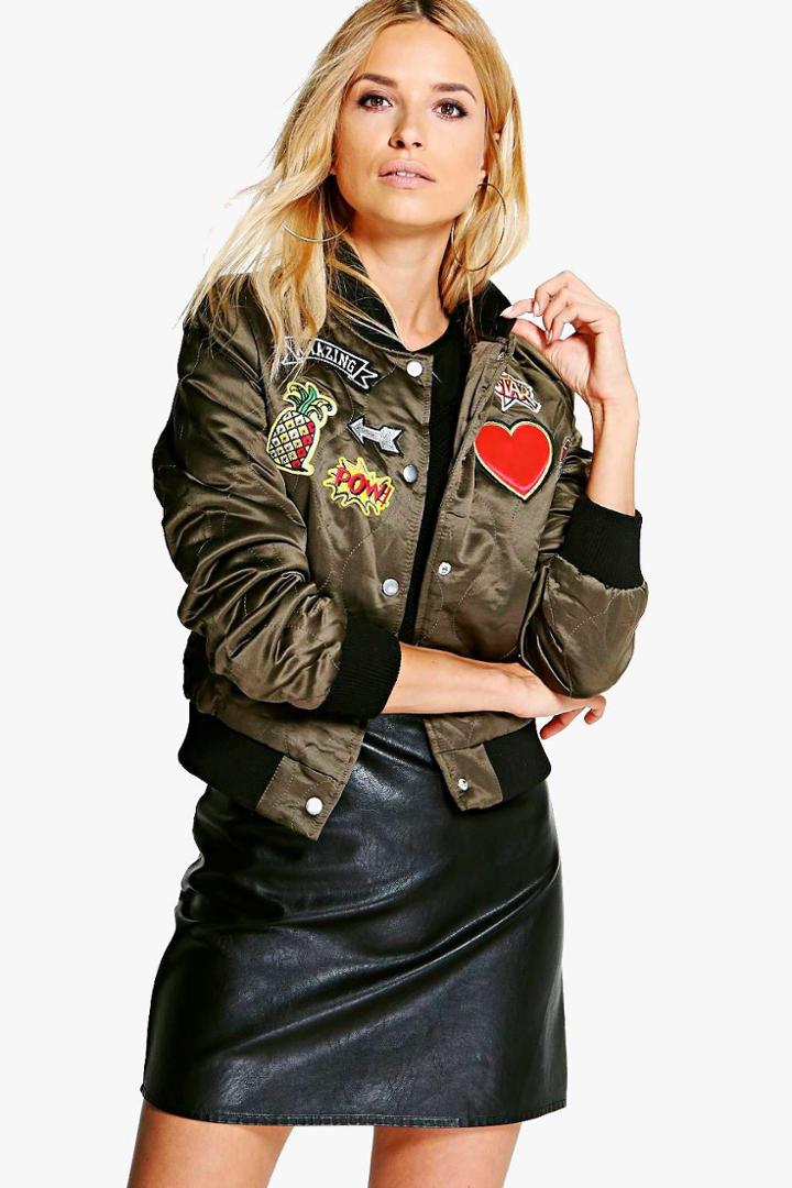 Boohoo Grace Quilted Satin Badge Bomber Khaki