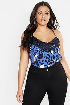 Boohoo Plus Blue Leopard Lace Trim Cami