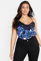 Boohoo Plus Blue Leopard Lace Trim Cami