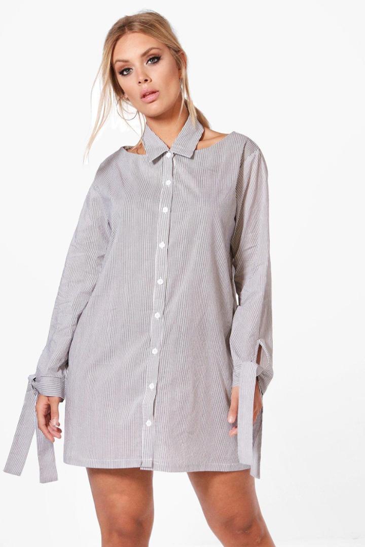Boohoo Plus Sarah Cut Out Detail Stripe Shirt Dress Black