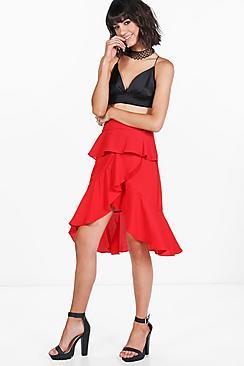 Boohoo Harriet Ruffle Front Woven Midi Skirt
