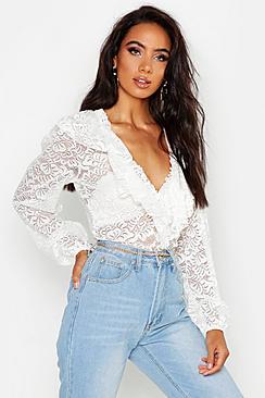 Boohoo Lace Ruffle Blouse