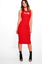 Boohoo Amelie Tie Up Detail Midi Bodycon Dress Red