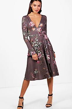 Boohoo Ayra Plunge Floral Frill Sleeve Midi Dress