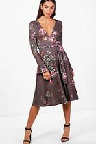 Boohoo Ayra Plunge Floral Frill Sleeve Midi Dress