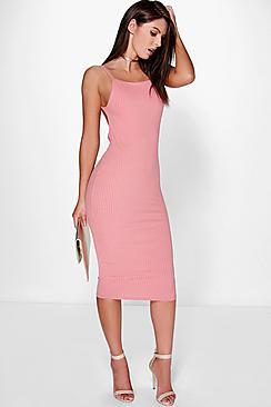 Boohoo Margarita Ribbed Open Back Midi Bodycon Dress