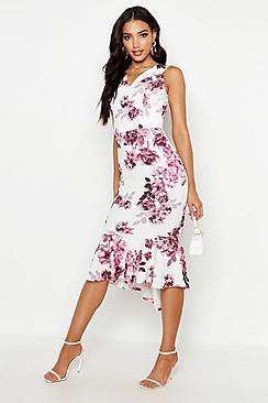 Boohoo Floral Bardot Fishtail Midi Dress