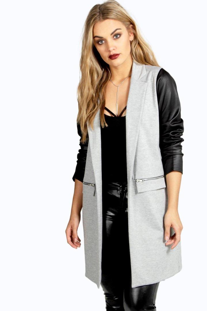 Boohoo Plus Paige Pu Sleeve Jersey Duster Jacket Grey