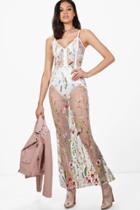 Boohoo Boutique Niamh Floral Embroidered Maxi Dress Nude