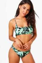 Boohoo Delphi Tropical Leaf Lace Up Bandeau Bikini Green