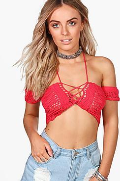 Boohoo Kaley Off The Shoulder Lace Up Crochet Top