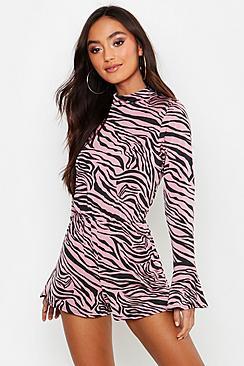Boohoo Petite Pink Tiger Print High Neck Flare Sleeve Playsuit
