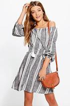 Boohoo Sesana Off The Shoulder Striped Woven Dress