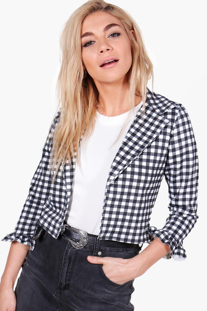 Boohoo Rachel Gingham Crop Frill Jacket Black