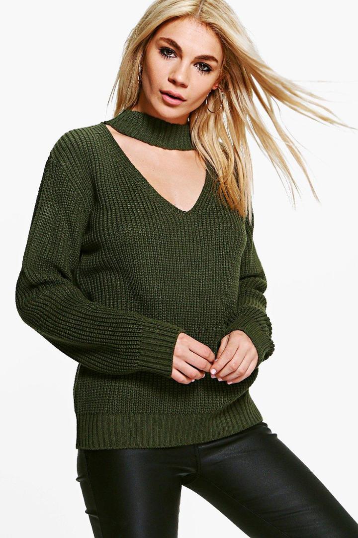 Boohoo Alice Asymmetric Choker Jumper Khaki