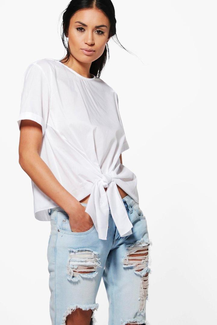 Boohoo Kayla Knot Tie Front Short Sleeve Woven Shirt Cream