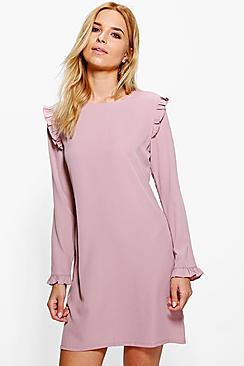 Boohoo Suvi Long Sleeved Ruffle Shift Dress