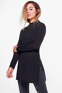 Boohoo Petite Amy High Neck Soft Knit Side Split Tunic Top
