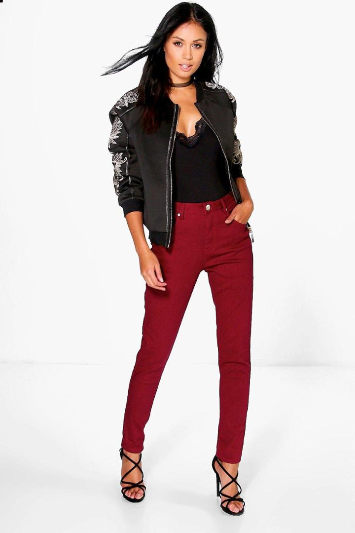 Boohoo Jenni 5-pocket High Rise Skinny Jeans Burgundy