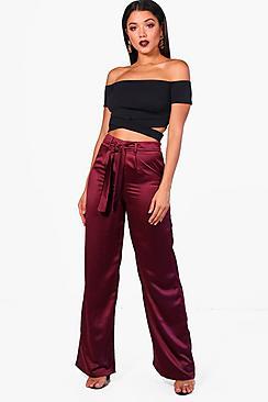 Boohoo Harriet Tie Waist Wide Leg Satin Trousers
