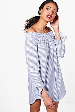 Boohoo Savanna Stripe Bardot Shirt Dress
