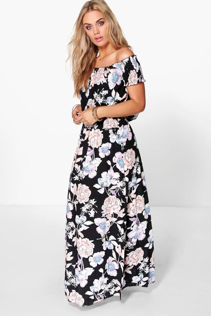 Boohoo Plus Helen Floral Off The Shoulder Maxi Dress Black
