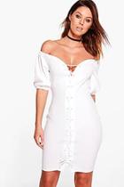 Boohoo Petite Lorna Off The Shoulder Puff Ball Sleeve Dress