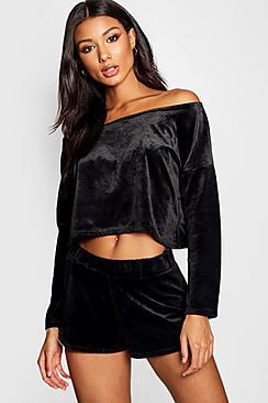 Boohoo Velour Slash Neck Lounge Short Set