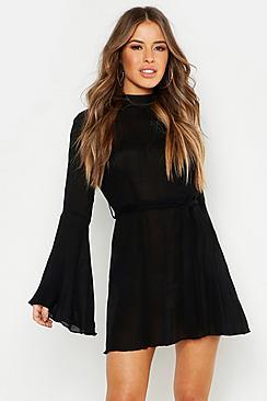 Boohoo Petite Textured Tie Waist Flare Sleeve Skater Dress