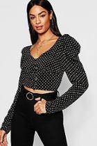 Boohoo Tall Ruched Sleeve Button Polka Dot Blouse