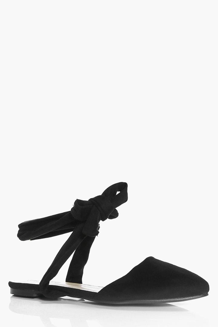 Boohoo Rose Pointed Ankle Wrap Strap Flat Black