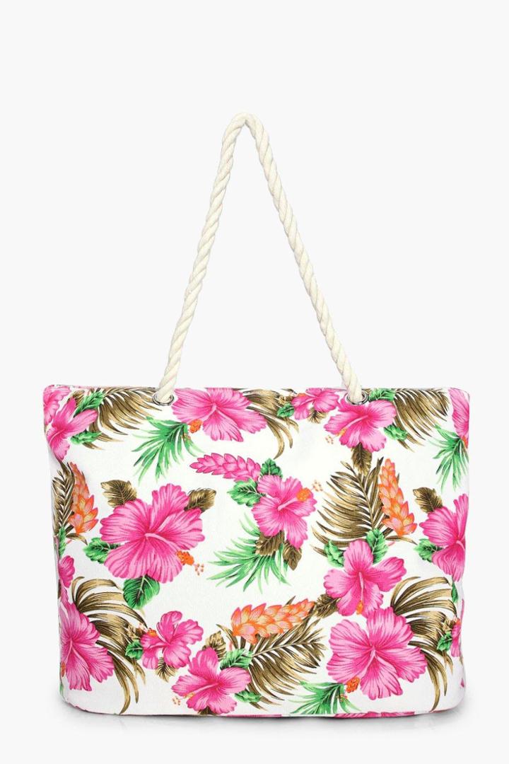 Boohoo Layla Tropical Flower Beach Bag White