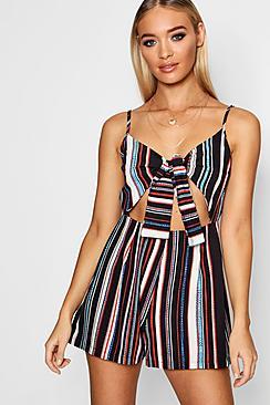 Boohoo Elle Tie Front Stripe Playsuit