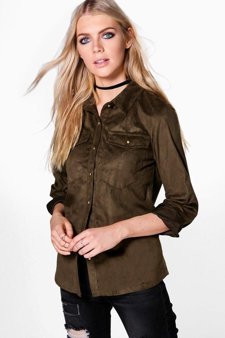 Boohoo Sophie Faux Suedette Shacket Khaki