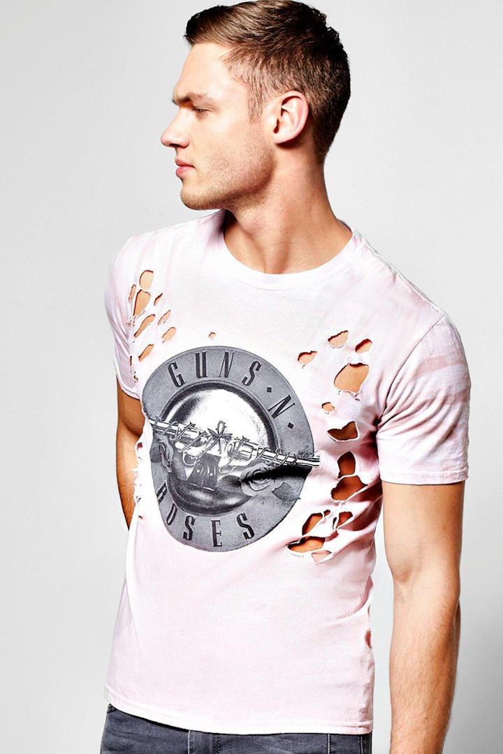 Boohoo Distressed Guns & Roses T Shirt Pink