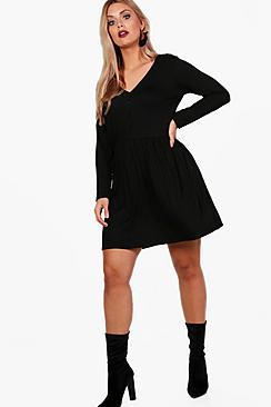 Boohoo Plus V Neck Button Front Smock Dress