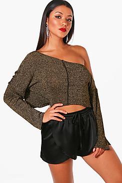 Boohoo Mandy Metallic Off The Shoulder Crop Jumper