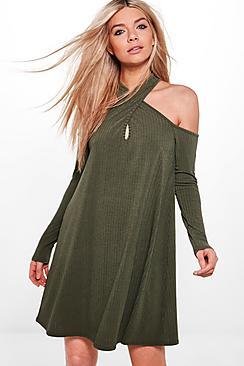 Boohoo Ellie Twist Halter Neck Soft Rib Swing Dress
