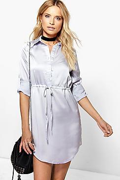 Boohoo Amie Satin Drawstring Waist Shirt Dress