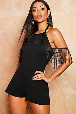 Boohoo Tassle Trim Tie Back Playsuit