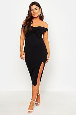 Boohoo Off Shoulder Twist Front Split Midi Dress