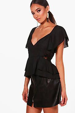 Boohoo Maddison Lace Panel Angel Sleeve Peplum Top