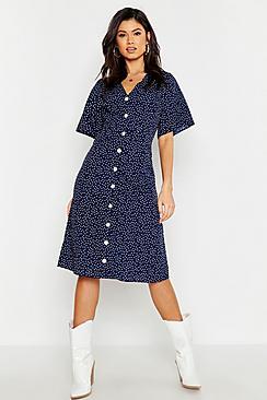 Boohoo Woven Spot Button Thorugh Midi Dress