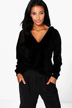 Boohoo Bella Velour V Neck Hoody