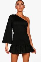 Boohoo Abi Flared One Shoulder Drop Hem Skater Dress