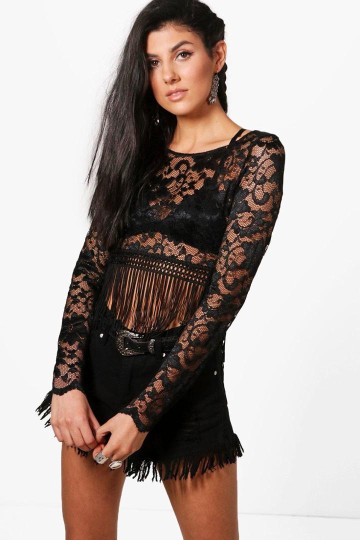 Boohoo Bella Tassle Hem Cropped Lace Top Black
