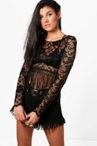 Boohoo Bella Tassle Hem Cropped Lace Top Black